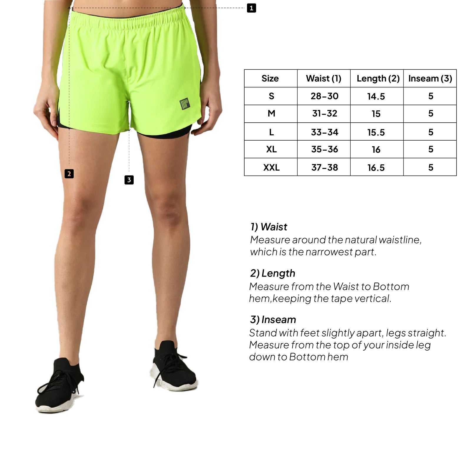 Women 2-in-1 Distance Shorts with Tights, 5 inch – Size chart