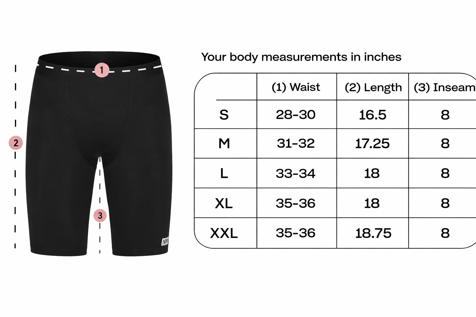 Men's Performance Tights - 8 inch – Size chart