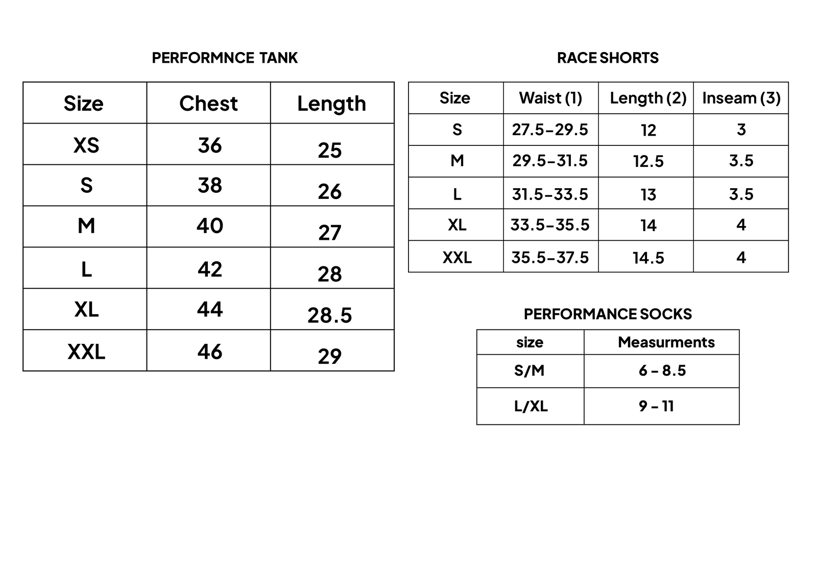 Full Marathon Pack - A – Size chart