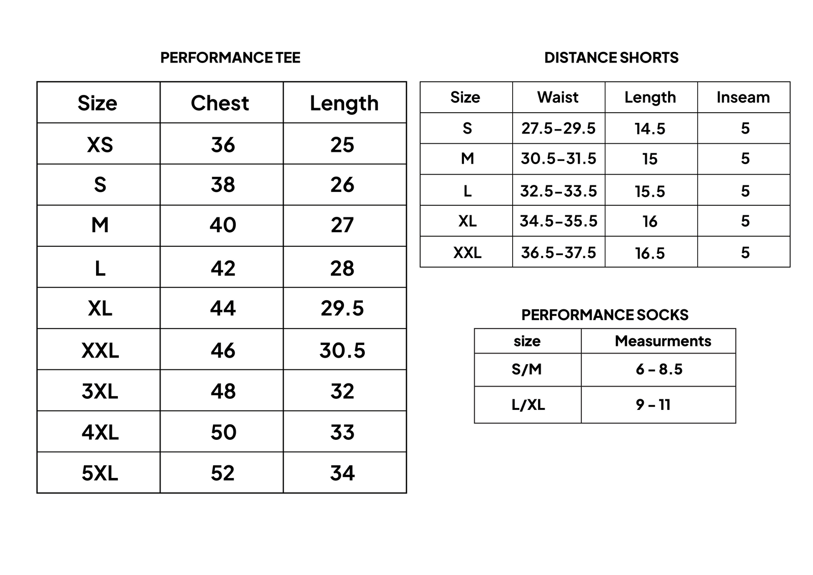 Half Marathon Pack - A – Size chart