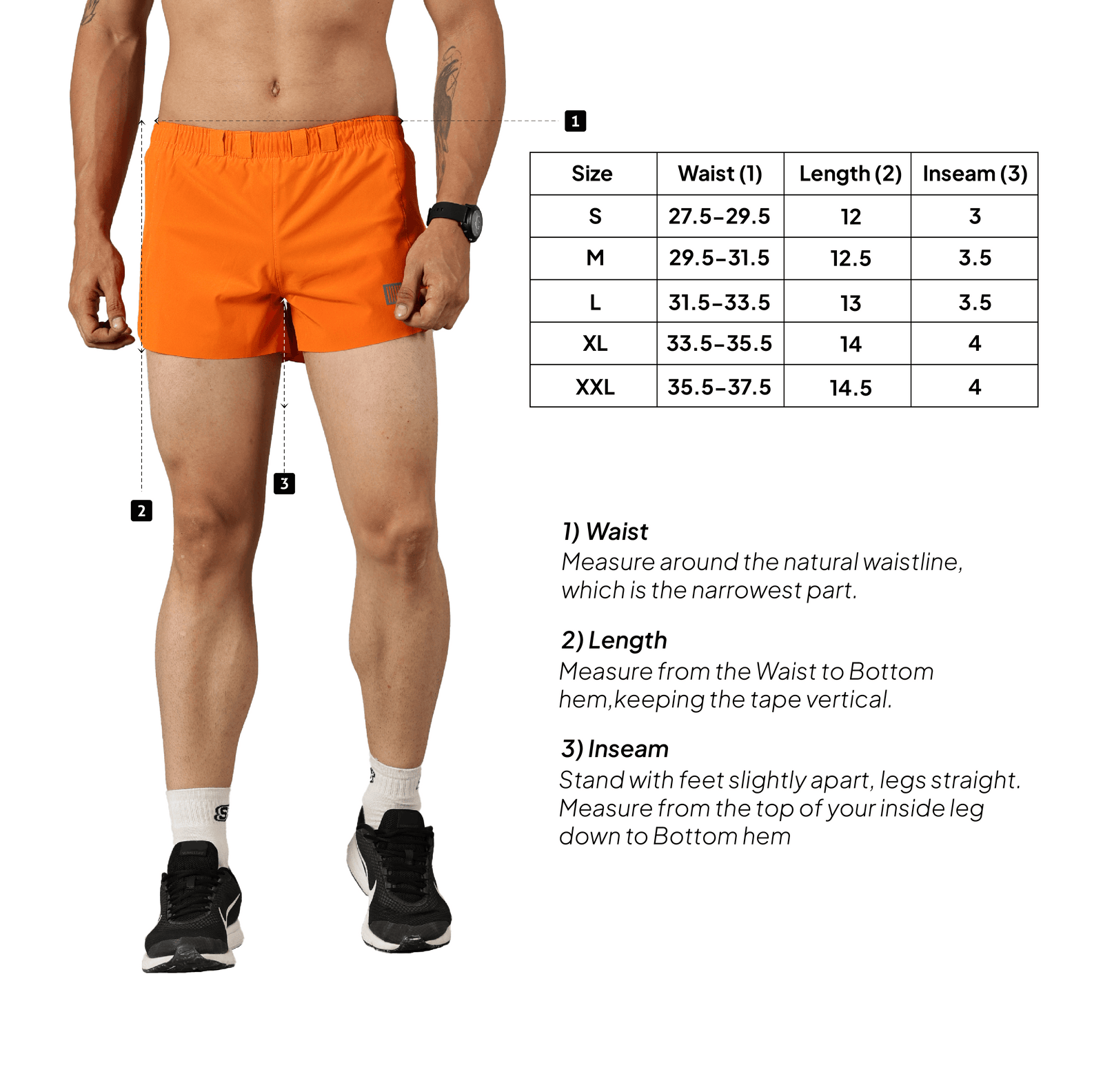 Race shorts, 3 inch – Size chart