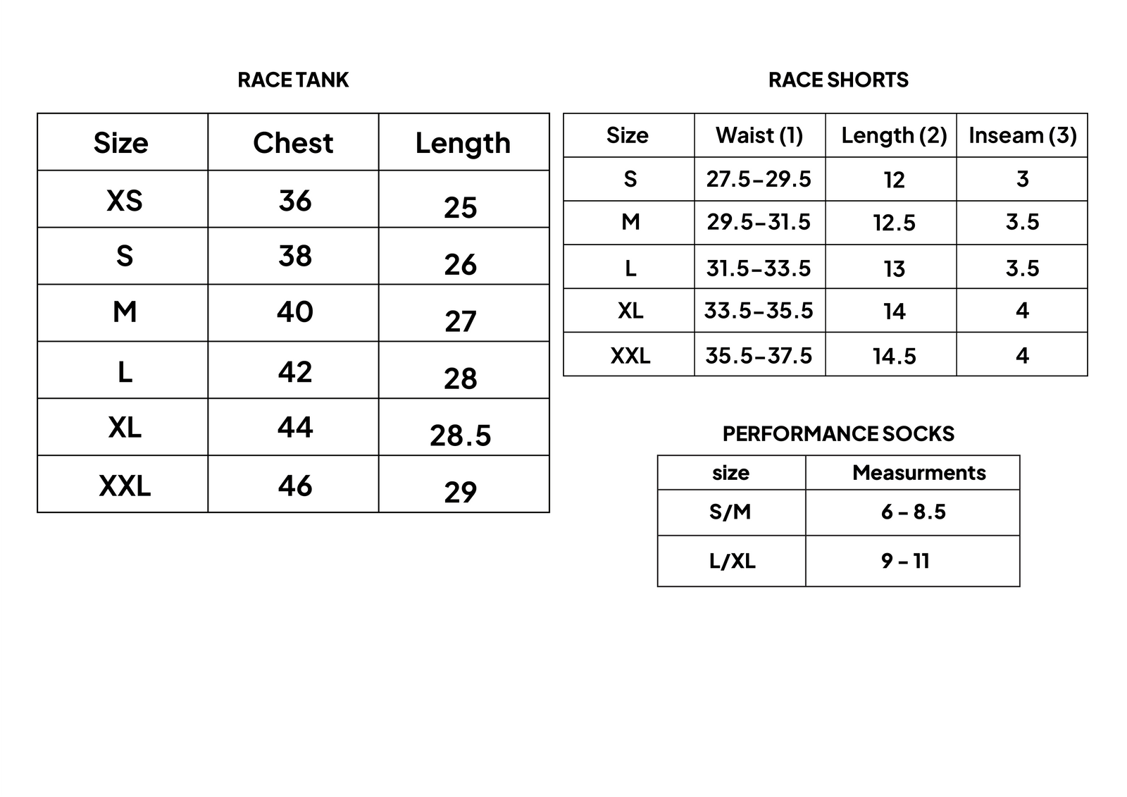 Race Day Pack – Size chart