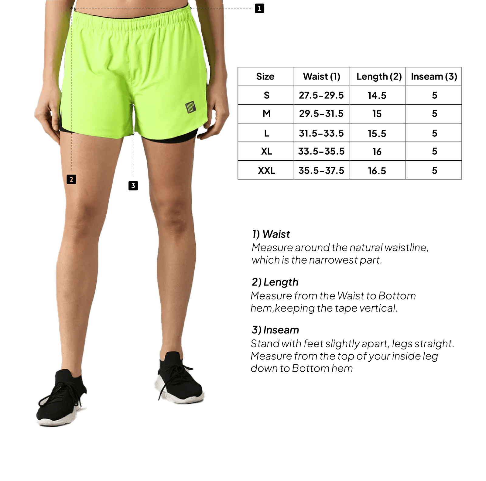 Women 2-in-1 Distance Shorts with Tights, 5 inch – Size chart