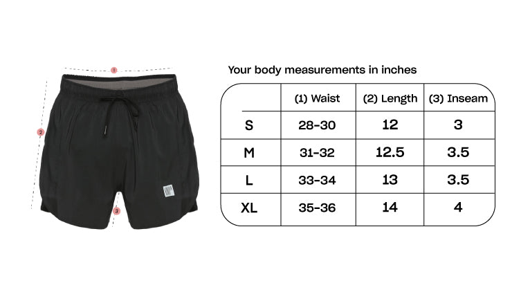 Race shorts, 3 inch – Size chart